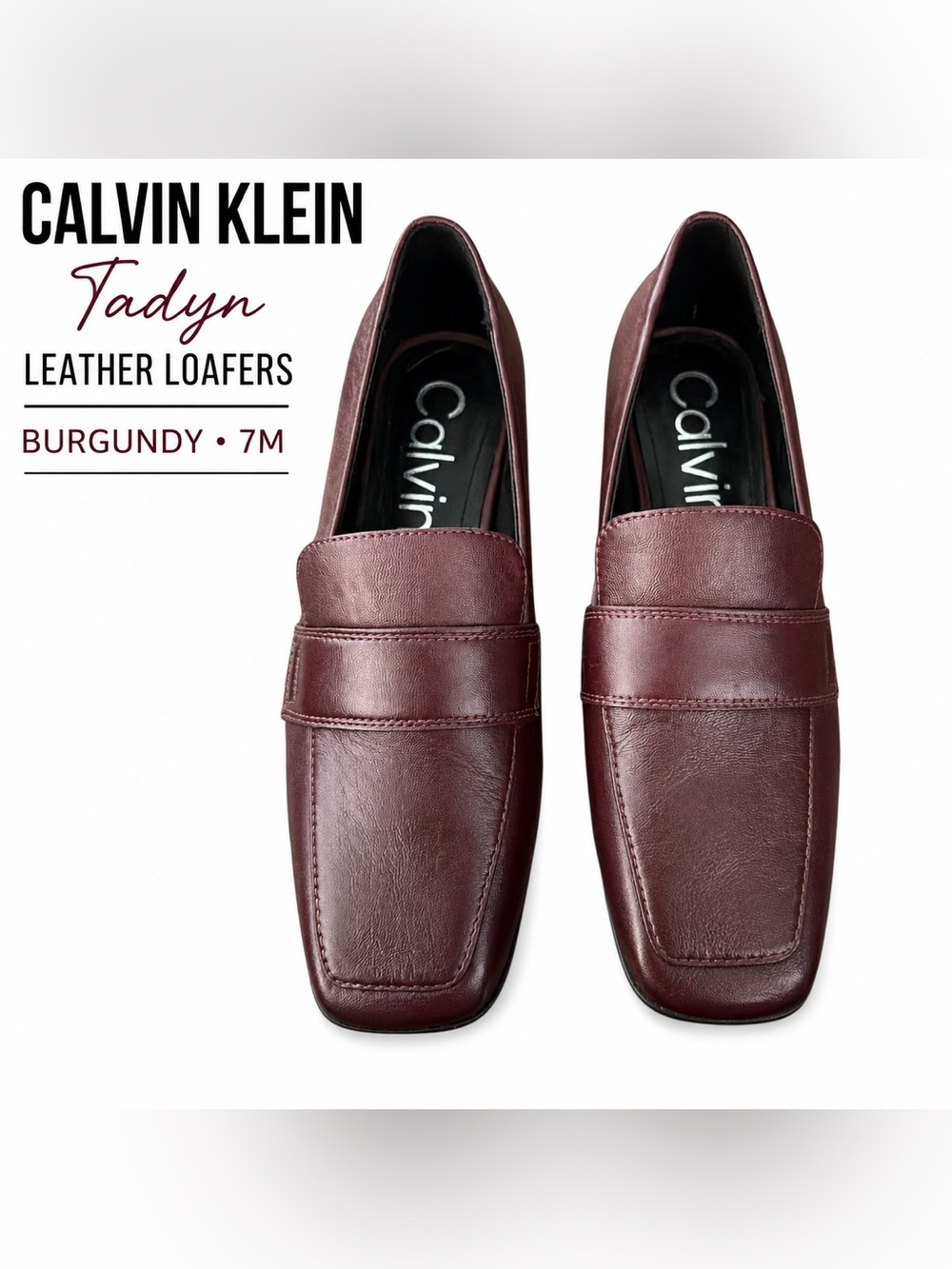 Calvin Klein Tadyn Burgundy Leather Square Toe Loafers Shoes 7M